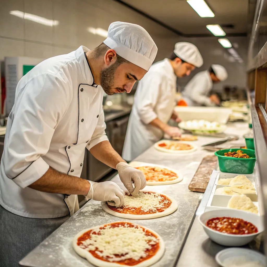 Professional chefs preparing pizza