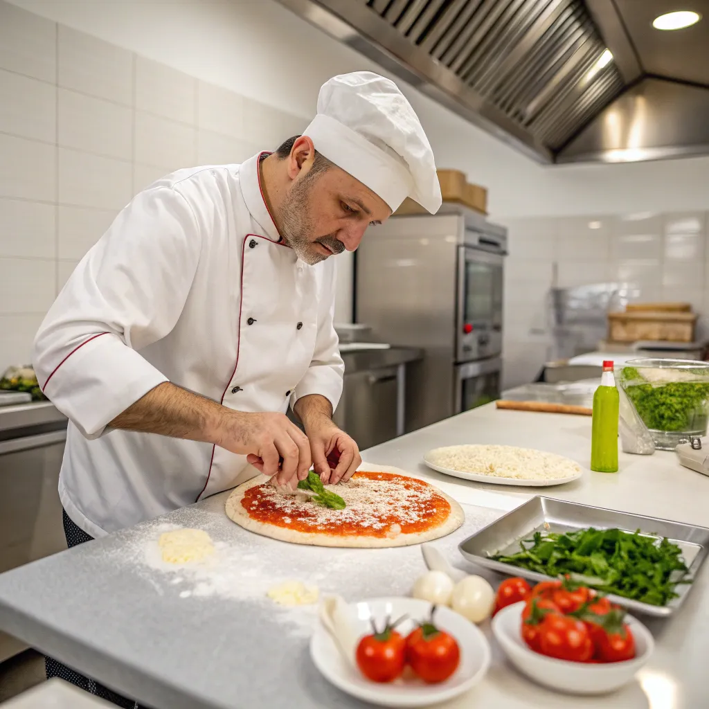 Chef teaching pizza making in a professional kitchen